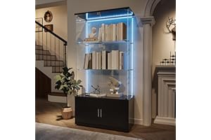 JIAOYU Vetrina in vetro con illuminazione a LED, vetrina con serratura, vetrina in vetro antipolvere, per collezioni, armadietto in vetro per soggiorno, camera da letto (nero+strisce luminose, 3 strati+
