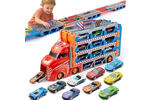 SYNCFUN 2,4 m extra lång racerbana transportlastbil leksaksbilar med ljus och ljud, gigantisk biltransportbil leksak, vikbar 3-lagers fordonslek-set med 12 bilar, leksaker för pojkar 3, 4, 5, 6, 7 år