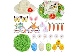Abitoncc Easter Bonnet Decorations Kit Make Your Own Easter Bonnet Hat for Kids Easter Bonnet Hat Decorations Straw Hat Chicks Eggs Bunnies Carrots Grass Easter Bonnet Decorations Kit Girls