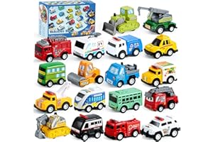 JOYIN 18 Stück Zurückziehen Stadtautos und Lastwagen Spielzeugfahrzeug-Set, Modellauto, reibungsbetriebene Druckgussautos für das Lernspiel von Kleinkindern, Jungen und Mädchen