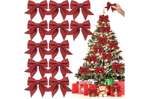 NHYDZSZ 12 Stück Weihnachtsschleifen,18x13cm Weihnachten Schleifen Weihnachtsbogen Band Glitzer Schleife Weihnachtsbaumschmuck,Weihnachtskranz Weihnachtsfeier Dekoration DIY Handwerk(Rot)