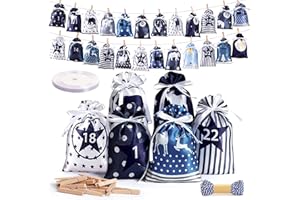 ‎AWARDSEN AWARDSEN Adventskalender zum Befüllen Stoff 24 Stück Seide für Kinder Junge Frauen Männer zum Aufhängen und Selber Basteln, Weihnachtskalender 2025 zum Befüllen mit Blau Grau Stoff Säckchen