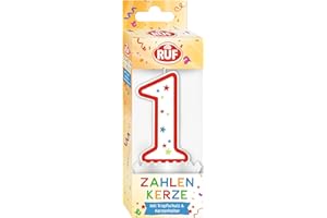 ‎RUF LEBENSMITTELWERK RUF Zahlenkerze Nummer 1, rote Geburtstags-Kerze mit bunten Sternchen, hochwertige Jubiläums-Kerze mit Tropfschutz, ideal als Kuchen Deko, 1 Stück