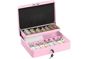 Relaxdays Caja Dinero con Llave, Bandeja Monedas y 4 Espacios Billetes, Cajita Hierro, 8,5x30,5x24,5 cm, Rosa