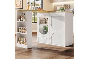 ModernLuxe Kitchen Island with Open Shelves and Cabinets, 360° Rotating Bar Table, Multifunctional Kitchen Storage with Elegant Glass Doors, Various Storage Options, White, 138x39x105cm