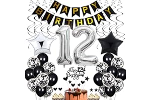 CNROSE 12. Geburtstag Dekoration,Schwarz Tortendeko Geburtstag 12 Jahre Junge,Black and White Party Deko,12 Geburtstag Mädchen Junge,Tortendeko 12. Geburtstag Junge Mädchen,Geburtstagsdeko 12 Jahre Mädchen
