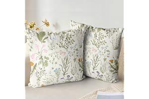 XPHZZL Cushion Covers Set of 2 Pack 45 x 45 cm - Soft Short Plush Sage Green Wild Flower Plant Pillow Covers for Sofa Bed Garden Outdoor Spring Decor Flower Plant with Invisible Zipper