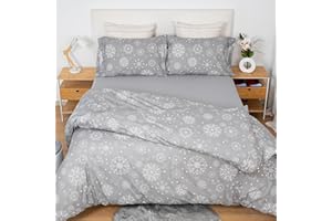 H HANSEL HOME Juego de Funda Nordica Microfibra de 4 Piezas para Cama 150 Suave Transpirable, Incluye 1 Funda Edredón 220x240cm, 1 Bajera 150x200+30cm, 2 Fundas de Almohada - Copos Nevados