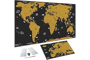 WIDETA Mapa del mundo a rascar/Póster gran formato (82 x 43 cm)/ Incluidos Mapa de Europa, adhesivos y herramienta de raspado