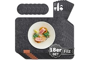 REDKEY 18er Set Tischsets Abwaschbar Platzsets aus Filz, Anthrazit 6er Platzsets, 6er Glasuntersetzer, 6er Bestecktaschen, Eckige Platzdeckchen Teller Untersetzer Filzset Filzmatte