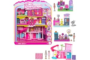 Barbie Mini BarbieLand Dreamhouse y tres conjuntos de juego con 4 muñecas de 3,81cm, muebles y accesorios para la casa de muñecas, incluye tienda de mascotas, peluquería y supermercado, JGL31