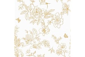 ICYEHAO Carta da Parati con Fiori e Uccelli, 44 x 1000 cm Carta da Parati Bianco e Oro Parato Adesivo Jungle Dorata Fiori Foglie Farfalle Piante Pellicola Adesiva per Mobili,Camera da Letto,Soggiorno,Bagno