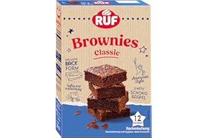 ‎RUF RUF Classic Brownies, Backmischung für saftig schokoladige Chocolate-Brownies im American Style mit Schoko-Raspel, inkl. Backform, 12 Brownies, 366g