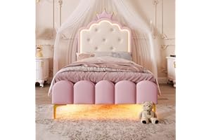 ‎MERAX Merax Kinderbett 90x200, Polsterbett für Mädchen Einzelbett mit Kronprinzessinnenform Kopfteil, 16 Farben LED-Streifen, aus PU-Leder Bettrahmen mit Lattenrost(ohne Matratze), Rosa