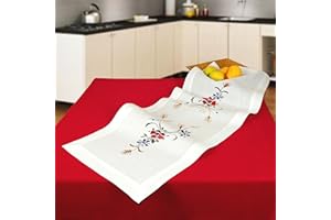 KAMACA Chemin de table - Kit de broderie - Tapis de fleurs - Coquelicots et bleuets - 40 x 100 cm - Motif pré-imprimé - 100 % coton - Qualité supérieure