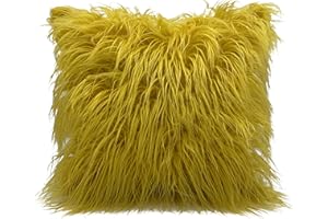 cushion mania Luxury Shaggy Faux Fur Covers or Cushions Large Fluffy Decorative Throw Pillows for Sofa and Bed Super Soft Long Hair Plush Cushions (Mustard Yellow, 17"x17" Filled Cushion)