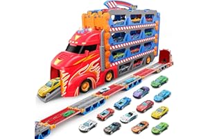 SYNCFUN Transport Race Truck Toy Cars,8-Foot Giant Race Track Carrier Truck Toy,Foldable 3-Layer Set with 12 Metal Cars,Lights & Sounds,Gift for 3 4 5 6 7 Year Olds Boys and Girls