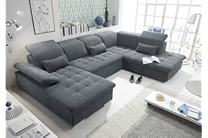 ‎STELLA TRADING Stella Trading WAYNE Wohnlandschaft in U-Form, Stoffbezug Anthrazit - Ausziehbares Sofa mit Schlaffunktion & Bettkasten - 340 x 81 (104) x 188 (240) cm (B/H/T)