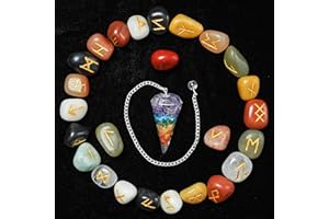 Crocon Set di Pietre runiche incise con Pietre preziose di Chakra Mix (25 Pezzi) con alfabeti Futhark Elder e 1 Set di guarigione con Pendolo a Sette Chakra Dimensioni: 15-20 mm