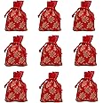 Touchstone Drawstring Bags Traditional Indian Handcrafted in Mimosa leaf Pattern Brocade fabric. Perfect for Gifts Jewelry Weddings Sweet Distribution Set of 9 Vibrant Red Pouches Purses Potli. 4 x 3,