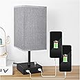 USB Bedside Table Lamp, PENDEI Table Lamp with 2 Fast USB Charging Port, Metal Base with Grey Linen Fabric Shade, Ambient Nightstand Lamps for Bedroom Living Room Office (LED Bulb Included)