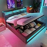 Upholstered bed 140x200 cm double bed with storage space and slatted frame LED headboard with storage compartment and USB charging function Hydraulic storage bed Functional beds Backrest bed frame Without mattress Gray