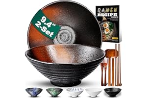 YTLEMON 9.4Pollici 2 Set Ciotola Ramen In Ceramica(9 pezzi), Ciotola Di Pasta Giapponesi Con Ricette Forchetta Bacchette E Cucchiaio Per Spaghetti Zuppa Di Insalata Snack Bowl Regali Per Uomini Donne Di Casa