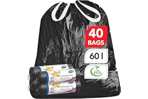 Stella Pack Sac Poubelle 60l Noir 40 Pièces Sacs Poubelle Résistants Fermeture Coulissante Recyclable Durable Idéal Intérieur et Extérieur Sac Poubelle 35 Litres Polyvalent