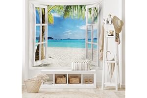 ABAKUHAUS Turquoise Tapisserie, Palm Beach Arbres tropicaux, Décoration Murale en Tissu pour la Chambre à Coucher Le Salon Le dortoir, 230 cm X 140 cm, Blanc Vert