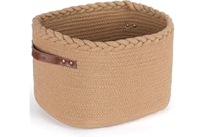 CAFETEE PANIER DE RANGEMENT MODELE BLANC COTON MOTIF TRESSE ET ANSES MARRON RIVETEES HAUTEUR 22CM LONGUEUR 32CM LARGEUR 25CM POUR DRESSING RANGEMENT DECORATION (Marron)