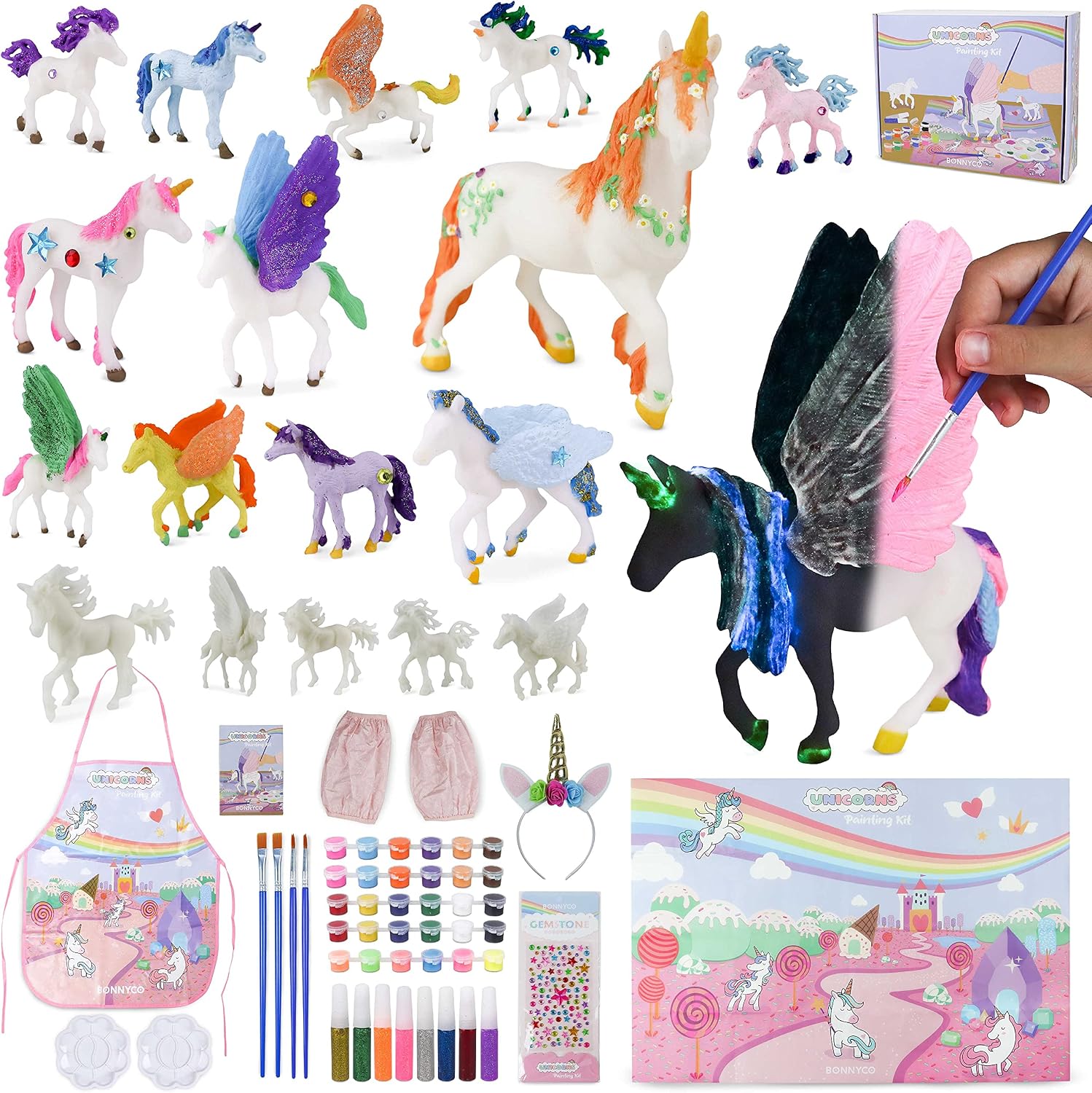 BONNYCO Unicornios para Niñas Figuras para Pintar Kit con 18 Unicornios. Set Manualidades Niñas, Juguetes con Brillo en la Oscuridad 3 4 5 6 7 8 9 10 Años. Regalos Niños en Cumpleaños y Navidad
