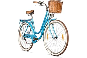 ‎BERGSTEIGER Bergsteiger Marseille 26, 28 Inch Women's Bike, from 150 cm, Rattan Basket, Bicycle Light, Women's City Bike, Women's Bike in Retro Design, 6 Speed Shimano Tourney Gears, Derailleur Gear