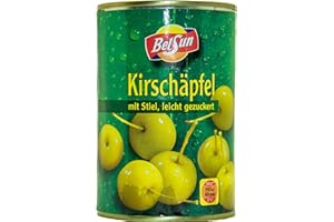 S.MILE GMBH Food-United KIRSCH-APFEL-ÄPFEL mit Stiel 4 Dosen Füllmenge 425g ATG 213g eingelegte Obst-Konserve- Beerenäpfel-cherry-apple zum Dekorieren von Desserts Torten erfrischend