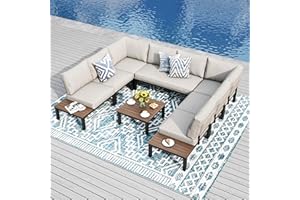 PHI VILLA Garden Furniture Metal Corner Sofa 8 Seaters, U shaped Outdoor Conversation Sofa Couch Set, 8 Pieces Patio Sectional Furniture Sets with Thickened Cushions, Beige