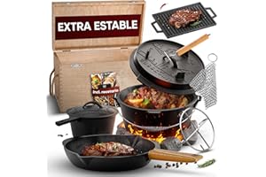 GUSSKÖNIG Set de horno holandés 10 Piezas – Olla de Hierro Fundido Pre-Curada – Incluye Sartén, Levantador de Tapa, Posavasos y Protector de Asas de Piel – Con Recetario Dutch Oven para Cocina Gourmet
