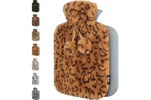 QOMFOR Borsa Acqua Calda con Copertura Peluche - Morbida Copertura Premium - 1,8L Grande Capienza - Boule Acqua Calda per Alleviare il Dolore, Schiena - Stampa Animalier Marrone Scuro