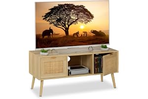 Relaxdays Lowboard, rottingdesign, TV-bord för upp till 43 tum, träutseende, HBT: 45,5 x 100 x 40 cm, TV-bänk, natur
