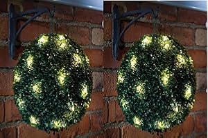 Y HOMEWARE Yorkshire Homeware 2 x 28cm Solar Powered Topiary Ball with 20 Led Lights 2 Functions Hanging Topiary Ball Light Green