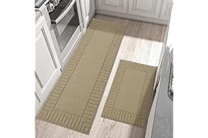 BEQHAUSE Kitchen Rugs Washable Kitchen Mats Floor Non-Slip Kitchen Mats Absorbent Kitchen Runner with TPR Non Skid Backing,Set of 2(60X89cm+60X152cm,Beige)