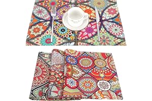 HANRUNSI Manteles Individuales Mandala Juego De 4 Adornos Étnicos Boho Folk Lino Patrón Floral Tribal Mantel Individual Lavable Rectangular Impermeable Manteles Individuales Decoración De Comedor 45 X 32 Cm