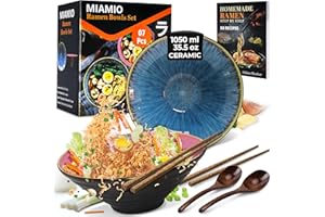 MIAMIO - Zestaw 2 dużych misek do ramen, 1050 ml, do zupy japońskiej z makaronem, drewniane pałeczki i łyżki, książka z przepisami (niebieski i czerwony)