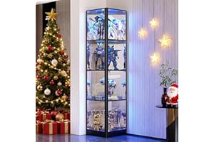 ‎FREDEES FREDEES Glas Vitrine mit LED-Beleuchtung, Eck-Glasvitrine 4-stöckige Sammlervitrine für Sammlerstücke/Spielzeug/Bücher, Verspiegelter Aufbewahrungsschrank, Schwarz