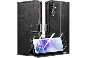 QHOHQ Tenphone Coque pour Samsung Galaxy A55 5G + 2 Pièces Verre Trempé, [RFID Blocage], Etui Protection Housse Premium en Cuir PU, [Fentes pour Cartes] Bouton Magnétique Flip Case (Classique)-Noir