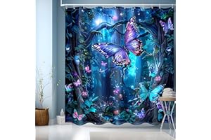 JINGYOU Blue Shower Curtain,Bathroom Shower Curtain 200cm Drop,Weighted Shower Curtains for Bathroom,3D HD Butterfly Theme Bath Curtain with 12 Hooks- Shower Curtain 180 x 200cm Drop
