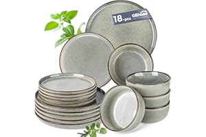 GBhome Stoneware Dinner Sets for 6 People, 18 Pieces Handcrafted Embossed Plates and Bowls Set, Scratch Resistant Dinnerware Set, Dishwasher & Microwave Safe Crockery Set (Green Wheat, Set of 18)