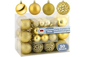 ‎COSIA cosia Weihnachtskugeln Gold Set 50 & 100 - Weihnachtskugeln Kunststoff in vielen Farben & Größen mit vormontierten Schlaufen - 50 Christbaumkugeln Kunststoff - Weihnachtsbaum Kugeln