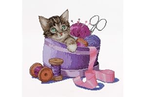THEA GOUVERNEUR SINCE 1959 Thea Gouverneur - Counted Cross Stitch Kit - Sewing Basket Kitten - Aida - 16 Count - for Adults - 736A