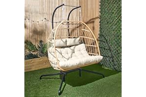 OHS Double Egg Chair, Rattan Hanging Swing Chair with Soft Thick Cushion and 2 Headrest Pillow Included Indoor/Outdoor Use 2 Seater Garden Swing Chairs, Natural