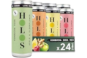 HOLOS Mixed Case Sparkling Kombucha Soda - 6x Each Raspberry & Lemon, Apple & Elderflower, Ginger & Turmeric, Pineapple & Mint Kombucha Drink - Sugar Free Live Culture Drink - 24 x 250ml Kombucha Cans