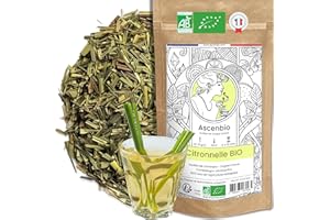 Ascenbio ✿ Citronnelle séchées BIO Lemongrass ✿ 180 g ✿ Tisane Rafraichissante et Détente ✿ UE 100% PUR ✿ Préparé et conditionné en France ✿ Emballage biodégradable